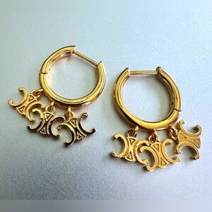 Auth CELINE Triomphe Hoop Dangle Charm Earrings - Pre-Owned - Excellent